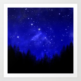 Blue Galaxy Forest Night Sky Art Print