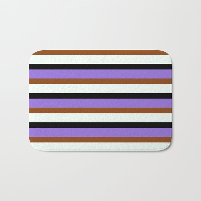 Purple, Brown, Mint Cream, and Black Colored Stripes/Lines Pattern Bath Mat