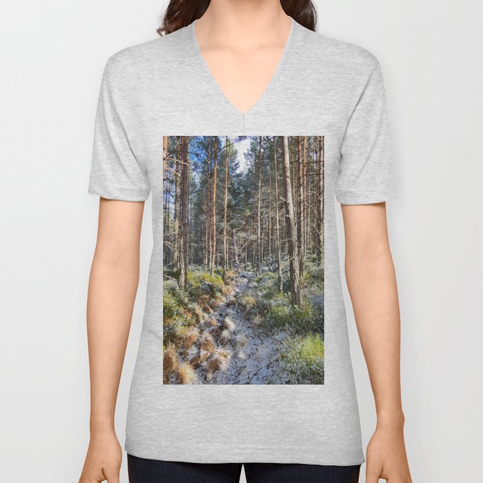 Spring Snow in a Scottish Pine Forest V Neck T Shirt