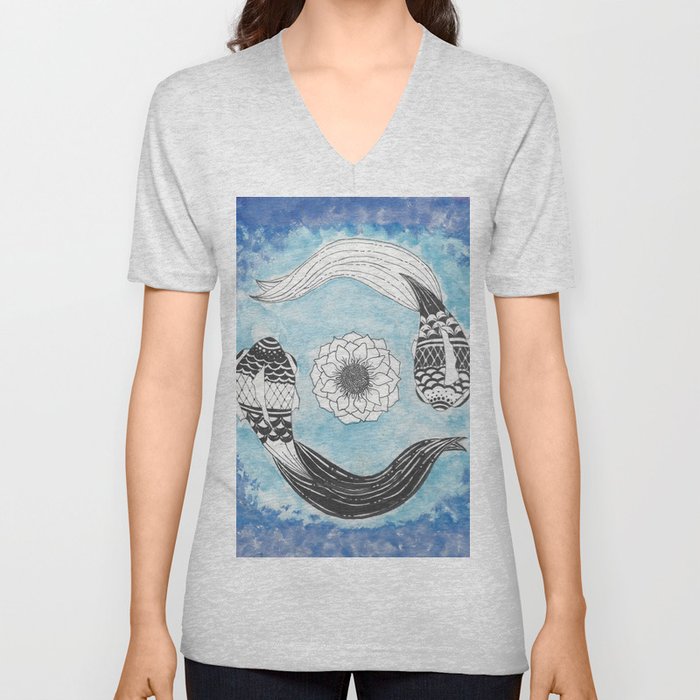 Ying and Yang Coi With Lotus V Neck T Shirt