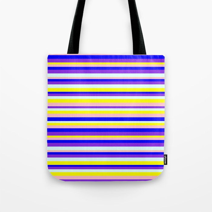Eyecatching Pink, Blue, Purple, Light Cyan & Yellow Colored Striped Pattern Tote Bag