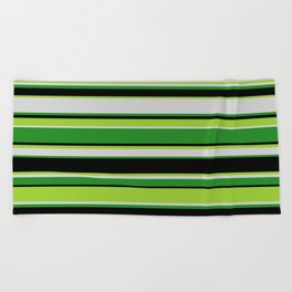 [ Thumbnail: Green, Light Gray, Forest Green, and Black Colored Stripes Pattern Beach Towel ]