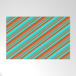 [ Thumbnail: Red & Cyan Colored Lined/Striped Pattern Welcome Mat ]