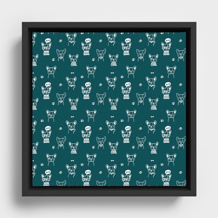 Teal Blue and White Hand Drawn Dog Puppy Pattern Framed Canvas