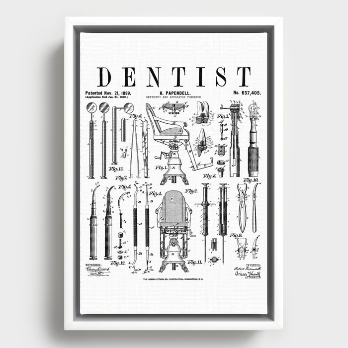 Dentist Dentistry Dental Tools Kit Vintage Patent Print Framed Canvas