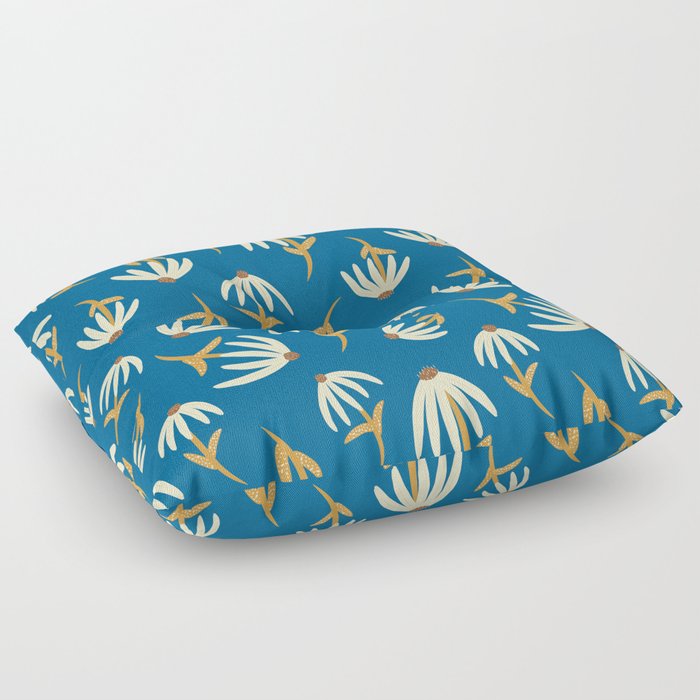 Modern Retro Loose Floral Pattern Royal Blue and Gold Floor Pillow