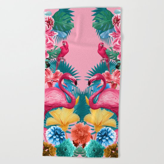 Flamingo and Tropical garden Beach Towel