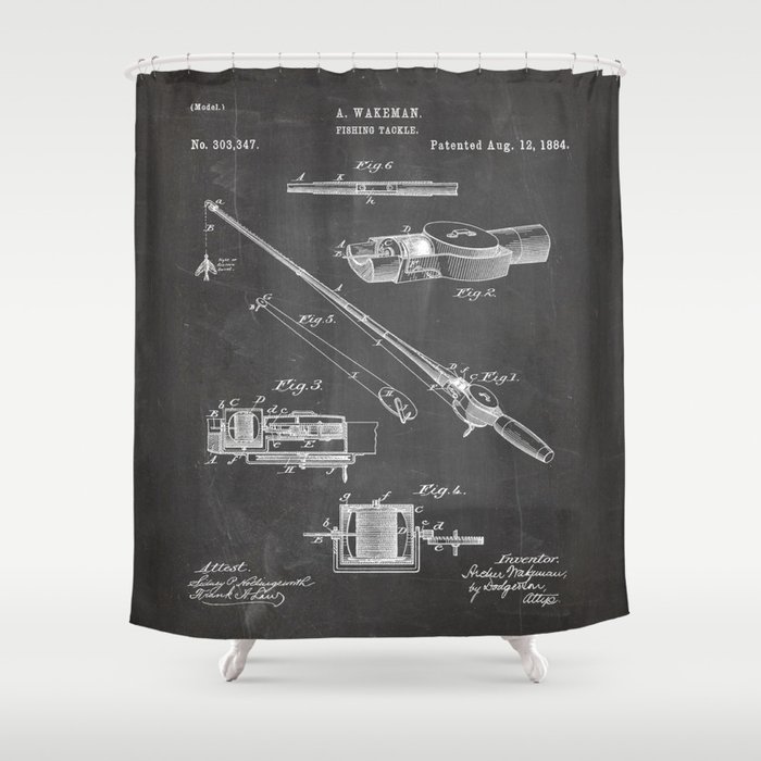 Fishing Rod Patent - Fishing Art - Black Chalkboard Shower Curtain