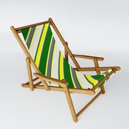[ Thumbnail: Beige, Dim Gray, Dark Green & Yellow Colored Lined Pattern Sling Chair ]