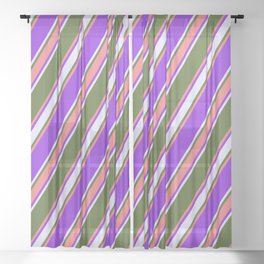 [ Thumbnail: Dark Olive Green, Light Coral, Purple & Lavender Colored Stripes/Lines Pattern Sheer Curtain ]