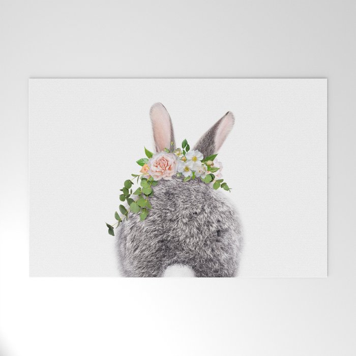 Baby Rabbit, Bunny Tail, Grey Bunny with Flower Crown, Baby Animals Art Print by Synplus Welcome Mat