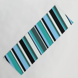 [ Thumbnail: Light Sky Blue, Light Sea Green, Dark Slate Gray, Mint Cream, and Black Colored Pattern of Stripes Yoga Mat ]