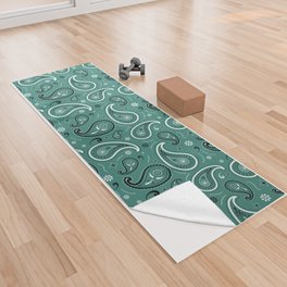 Black and White Paisley Pattern on Green Blue Background Yoga Towel