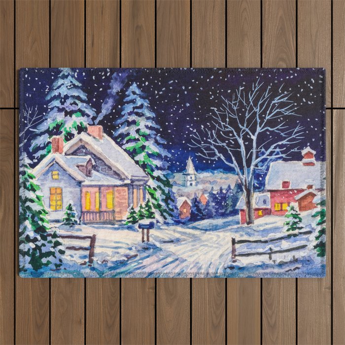 Snowy winter landscape. Country House. Christmas holidays. Forest with pine trees. Watercolor painting.  Outdoor Rug