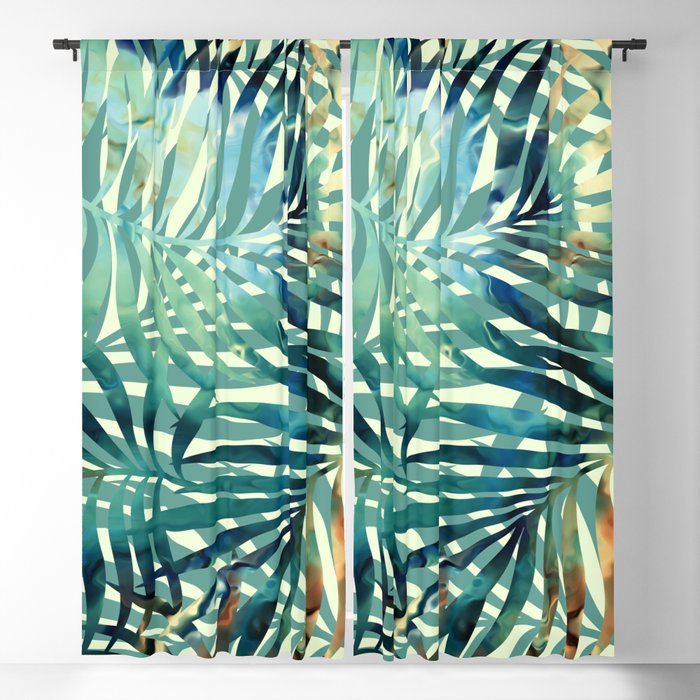 Tropical, Jungle, Palm Leaves, Watercolor Abstract, Blue and Green Blackout Curtain