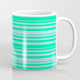 [ Thumbnail: Green & Light Blue Colored Striped Pattern Coffee Mug ]