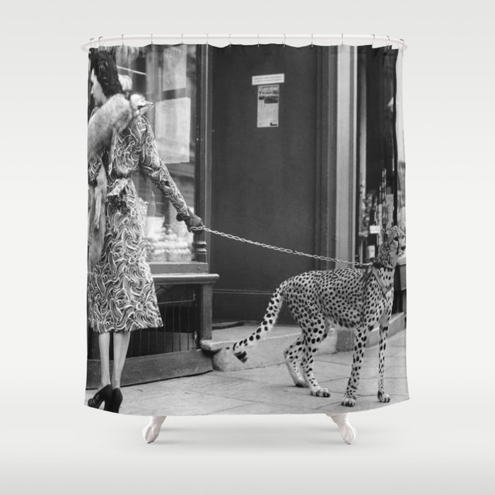 Woman with Cheetah, Phyllis Gordon, with her pet Kenyan cheetah, Paris, France black and white photo Shower Curtain