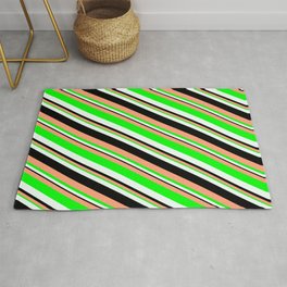 [ Thumbnail: Light Salmon, Lime, Mint Cream & Black Colored Striped/Lined Pattern Rug ]