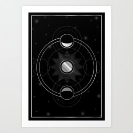 Sun and waxing and waning silver moons in space	 Art Print