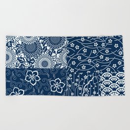 Japanese Flow Patch Blue Seamless Patterns Symbols Beach Towel