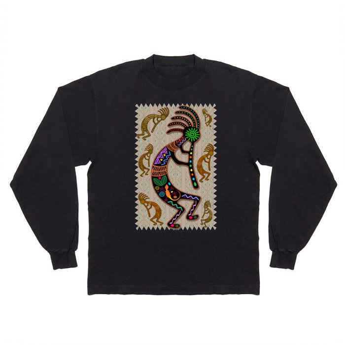 Kokopelli Rainbow Colors on Tribal Pattern  Long Sleeve T Shirt