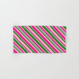[ Thumbnail: Deep Pink, Dark Gray, Forest Green, and Light Pink Colored Lines/Stripes Pattern Hand & Bath Towel ]
