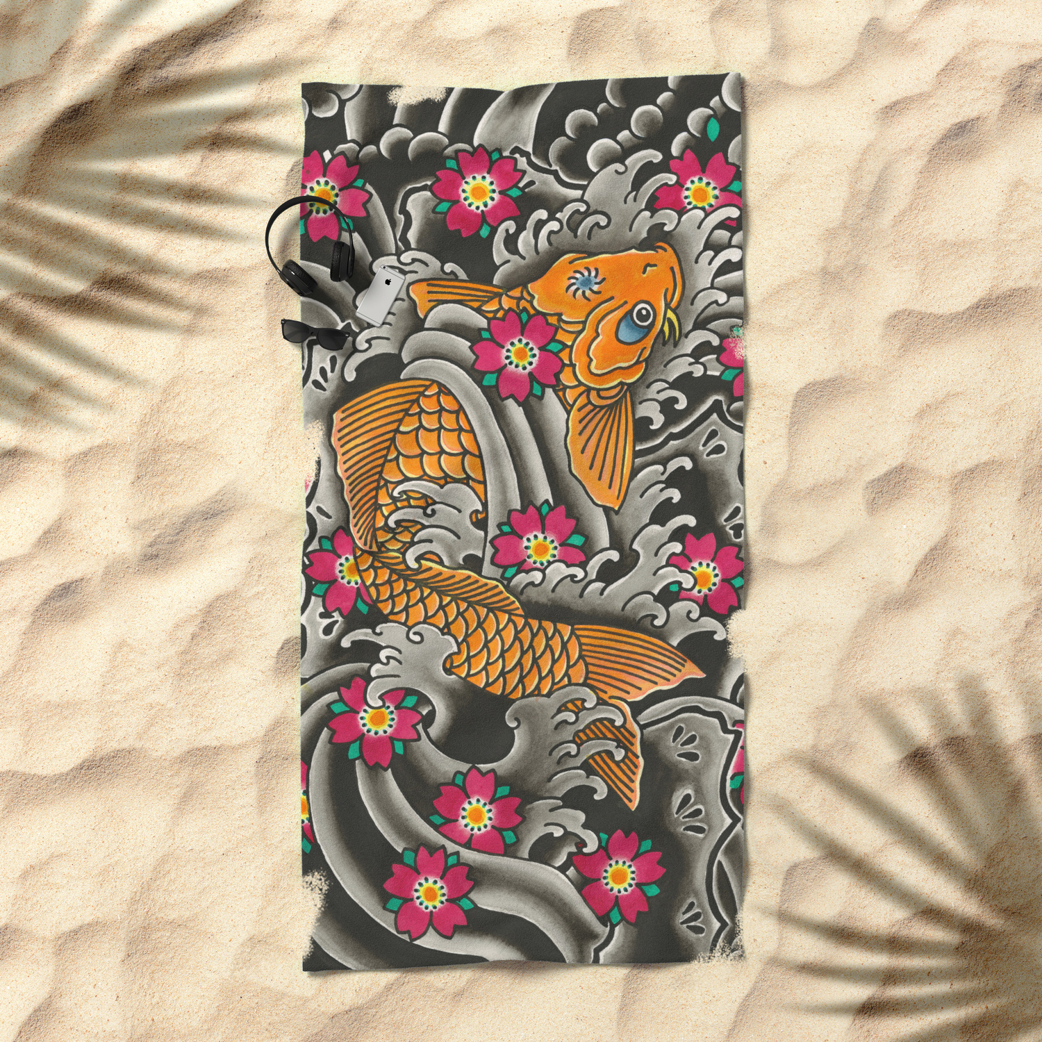Japanese Koi Fish And Cherry Blossoms Tattoo Art Beach Towel By Sebastianorth Society6