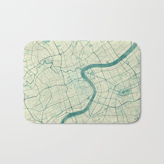 Shanghai Map Blue Vintage Bath Mat
