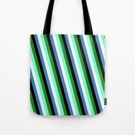[ Thumbnail: Colorful Forest Green, Aquamarine, Mint Cream, Blue & Black Colored Stripes Pattern Tote Bag ]