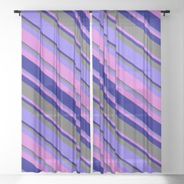 [ Thumbnail: Medium Slate Blue, Orchid, Dark Blue & Dim Grey Colored Stripes/Lines Pattern Sheer Curtain ]