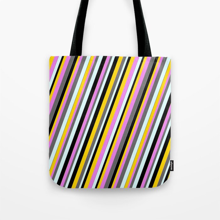 Eye-catching Violet, Dim Grey, Light Cyan, Black & Yellow Colored Lined Pattern Tote Bag