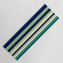 [ Thumbnail: Vibrant Dark Sea Green, Beige, Dark Cyan, Blue & Black Colored Striped/Lined Pattern Yoga Mat ]