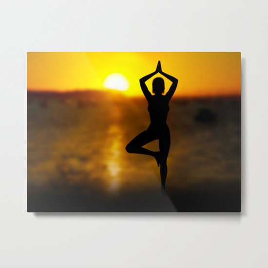 Yoga Female by the Ocean at Sunset Metal Print
