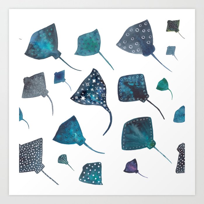 Stingray and Manta Ray Starry Ocean Pattern Art Print