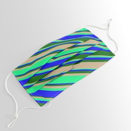 [ Thumbnail: Tan, Green, Blue, and Dark Green Colored Lines/Stripes Pattern Face Mask ]