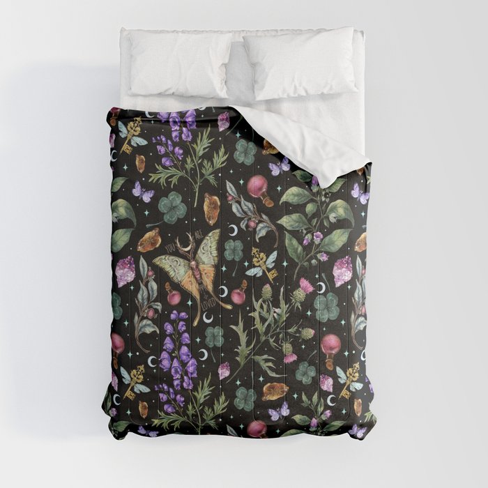 Witchy magical pattern. Nightshade. Mugwort. Comforter