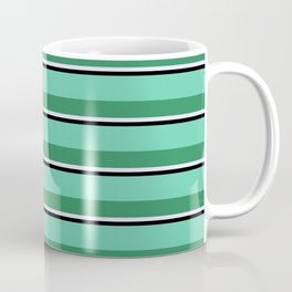 [ Thumbnail: Aquamarine, Sea Green, Lavender, and Black Colored Striped/Lined Pattern Coffee Mug ]
