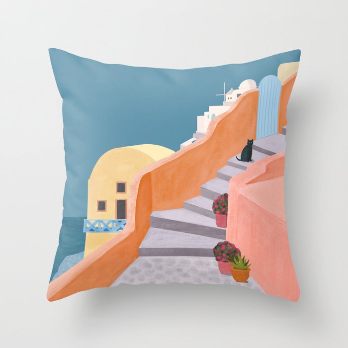 Santorini Pebble Stairs and Houses Throw Pillow