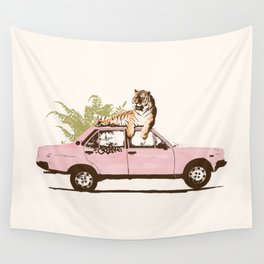Tiger on Car Wall Tapestry