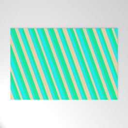 [ Thumbnail: Aqua, Tan, and Green Colored Striped/Lined Pattern Welcome Mat ]