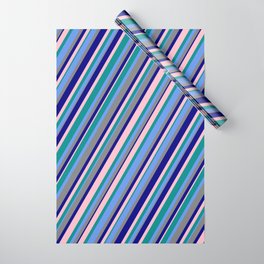 [ Thumbnail: Dark Cyan, Cornflower Blue, Grey, Blue & Pink Colored Stripes/Lines Pattern Wrapping Paper ]