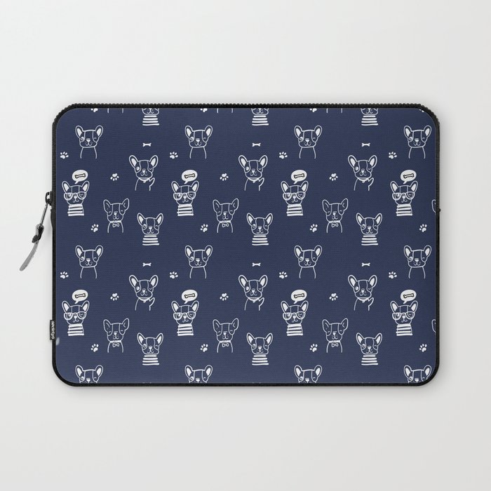 Navy Blue and White Hand Drawn Dog Puppy Pattern Laptop Sleeve