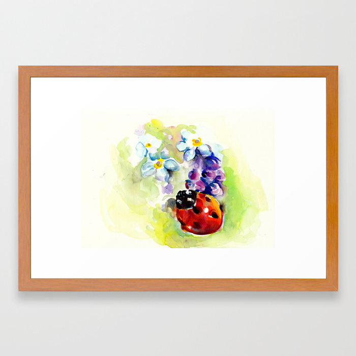 Ladybug In Blue Flowers Lilac And Daffodils Framed Art Print By