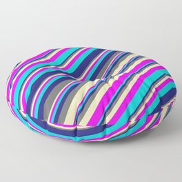 [ Thumbnail: Midnight Blue, Dim Gray, Beige, Fuchsia, and Dark Turquoise Colored Lines/Stripes Pattern Floor Pillow ]