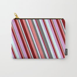[ Thumbnail: Colorful Dim Gray, Light Coral, Maroon, Plum, and Light Cyan Colored Stripes/Lines Pattern Carry-All Pouch ]