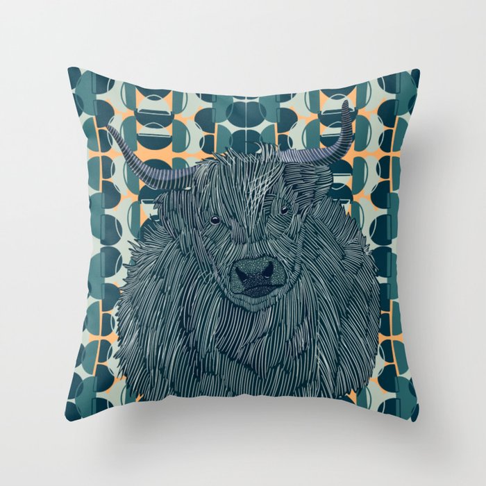 Highlands cow with a green and orange patterned background Throw Pillow
