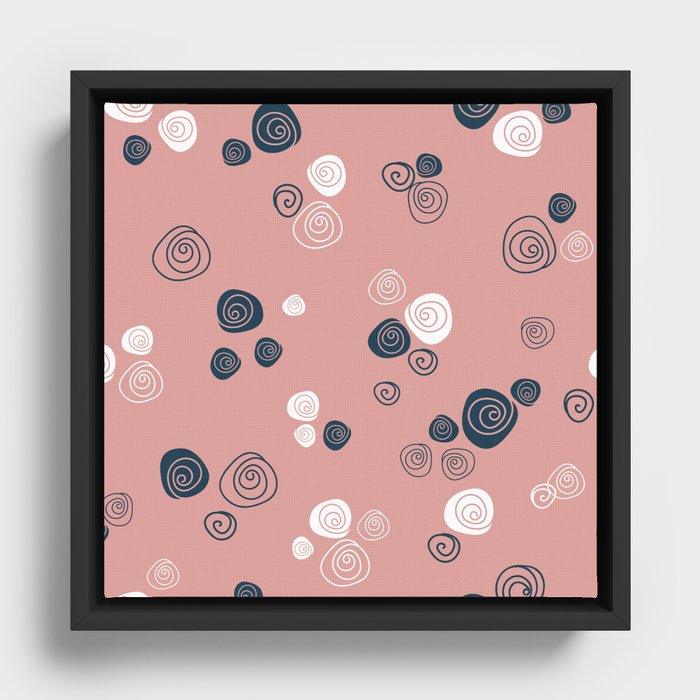 Navy blue and white doodle roses on blush pink background Framed Canvas