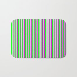 [ Thumbnail: Fuchsia, Lime, and Light Grey Colored Lined/Striped Pattern Bath Mat ]