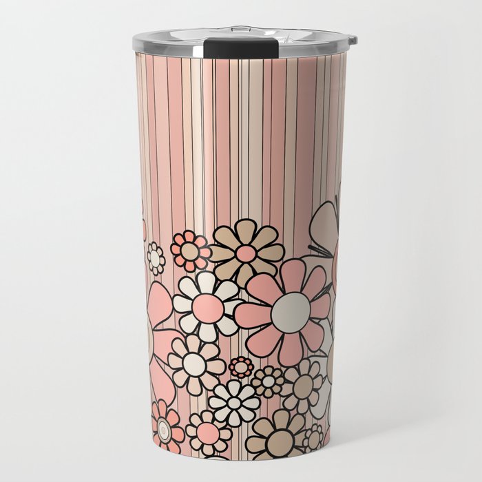 Retro Garden Flowers and Stripes Vintage Aesthetic Blush Pink and Black Floral Pattern Travel Mug