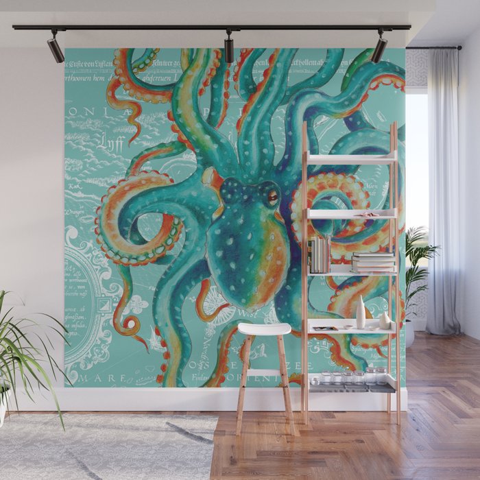 Teal Octopus On Light Teal Vintage Map Wall Mural